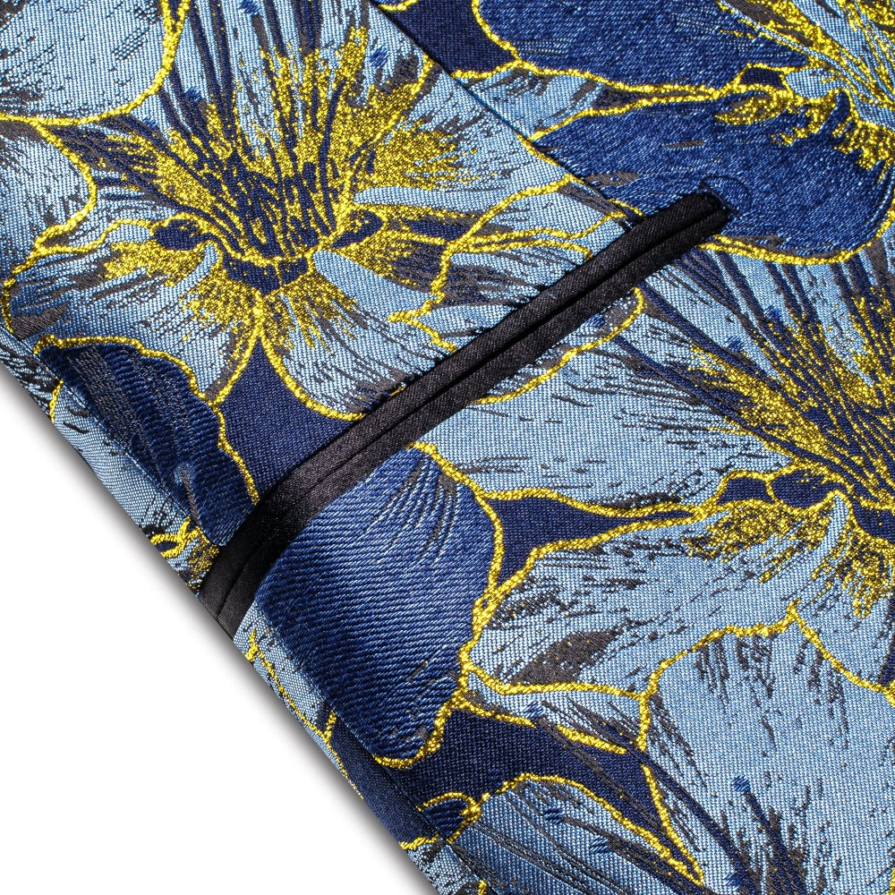 Luxury Sky Blue Blazer Golden Floral Men Black Shawl Lapel Suit