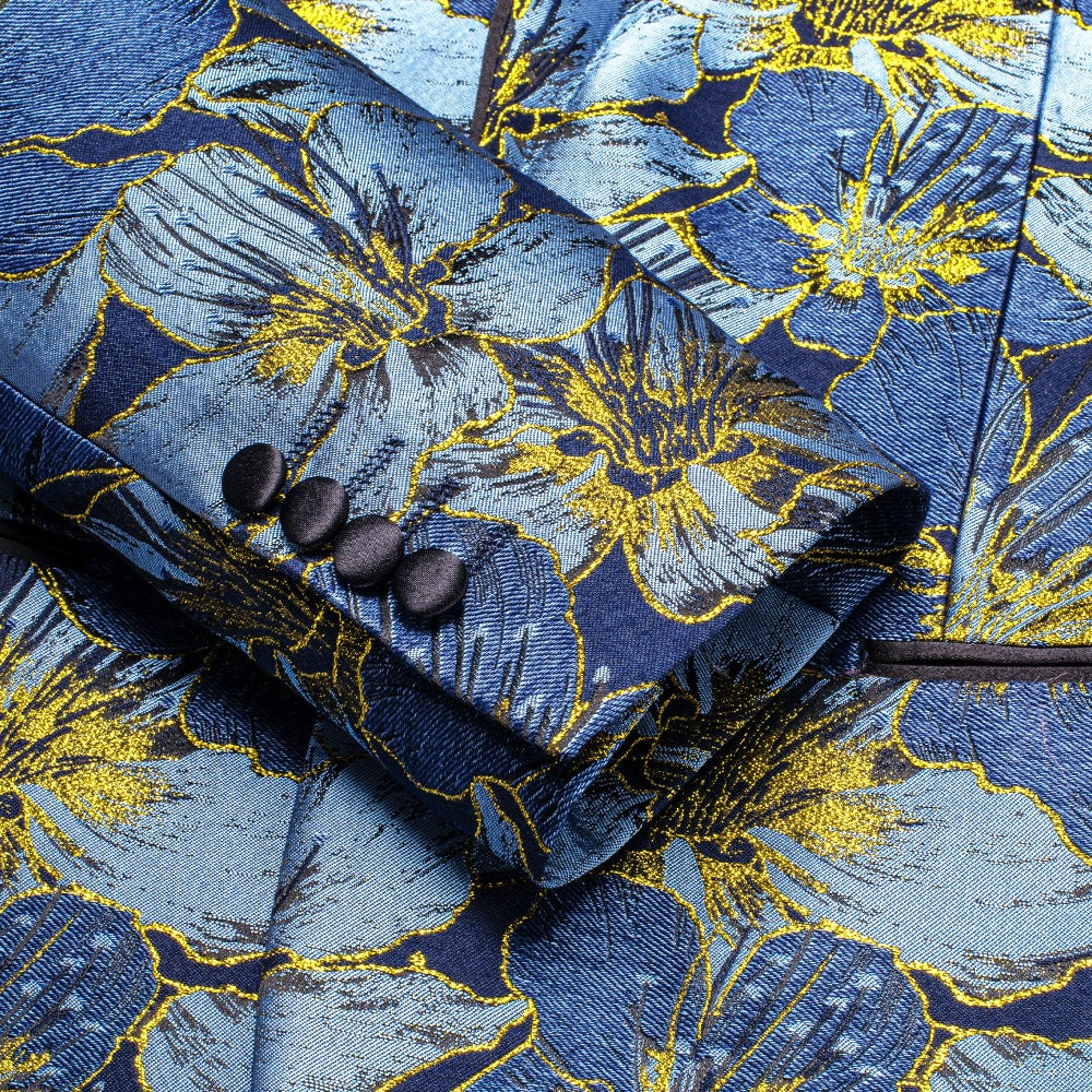 Luxury Sky Blue Blazer Golden Floral Men Black Shawl Lapel Suit