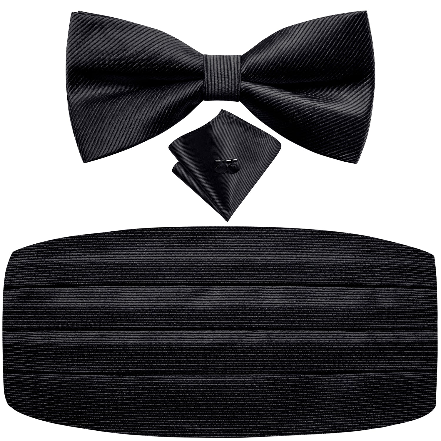 Black Solid Cummerbund Bow Tie Hanky Cufflinks Set
