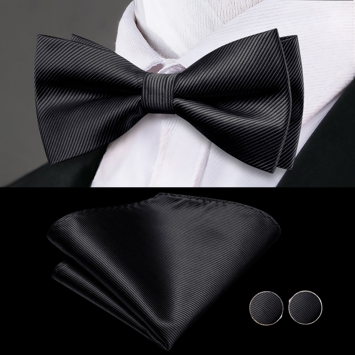 Black Solid Cummerbund Bow Tie Hanky Cufflinks Set