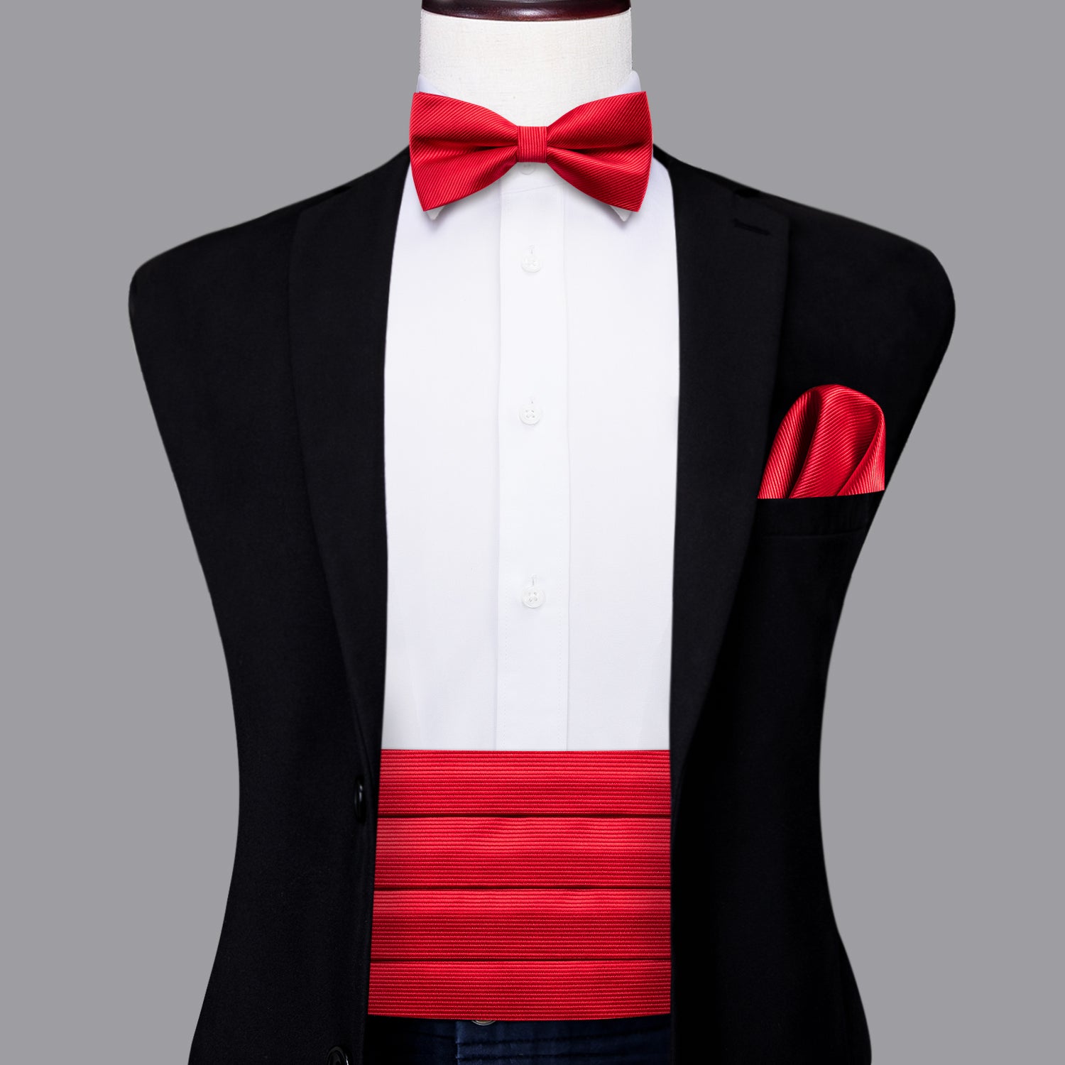 Classic Red Solid Cummerbund Bow Tie Hanky Cufflinks Set