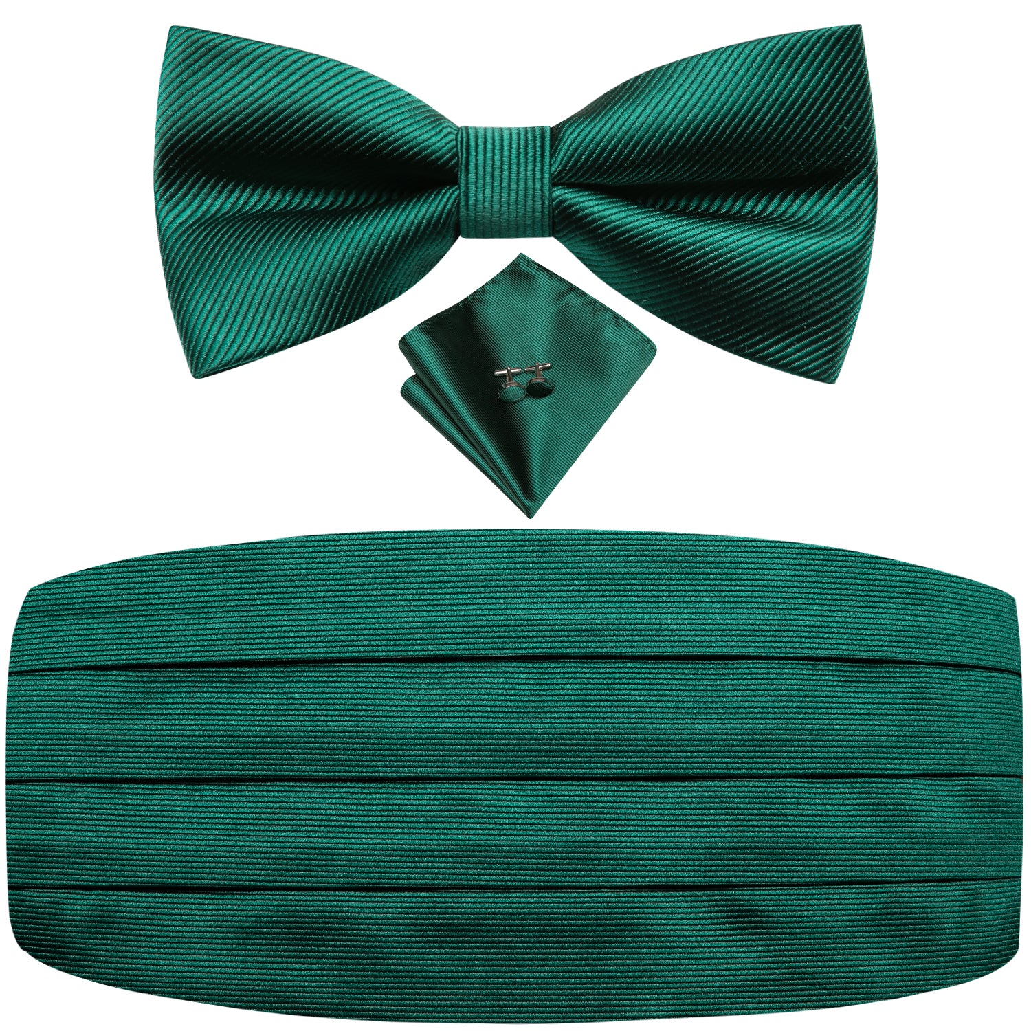 Emerald Green Solid Cummerbund Bow Tie Hanky Cufflinks Set