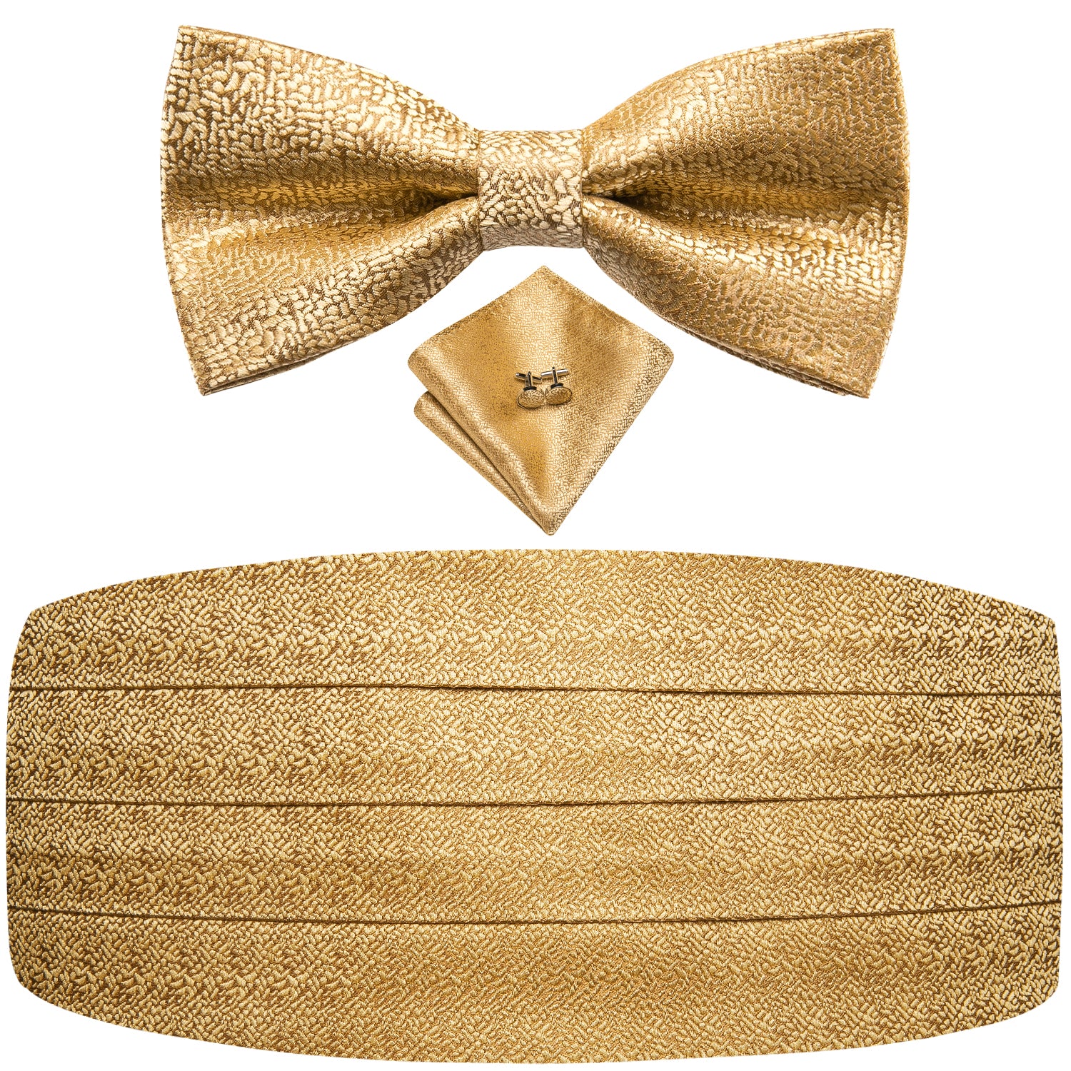 Golden Solid Cummerbund Bow Tie Hanky Cufflinks Set