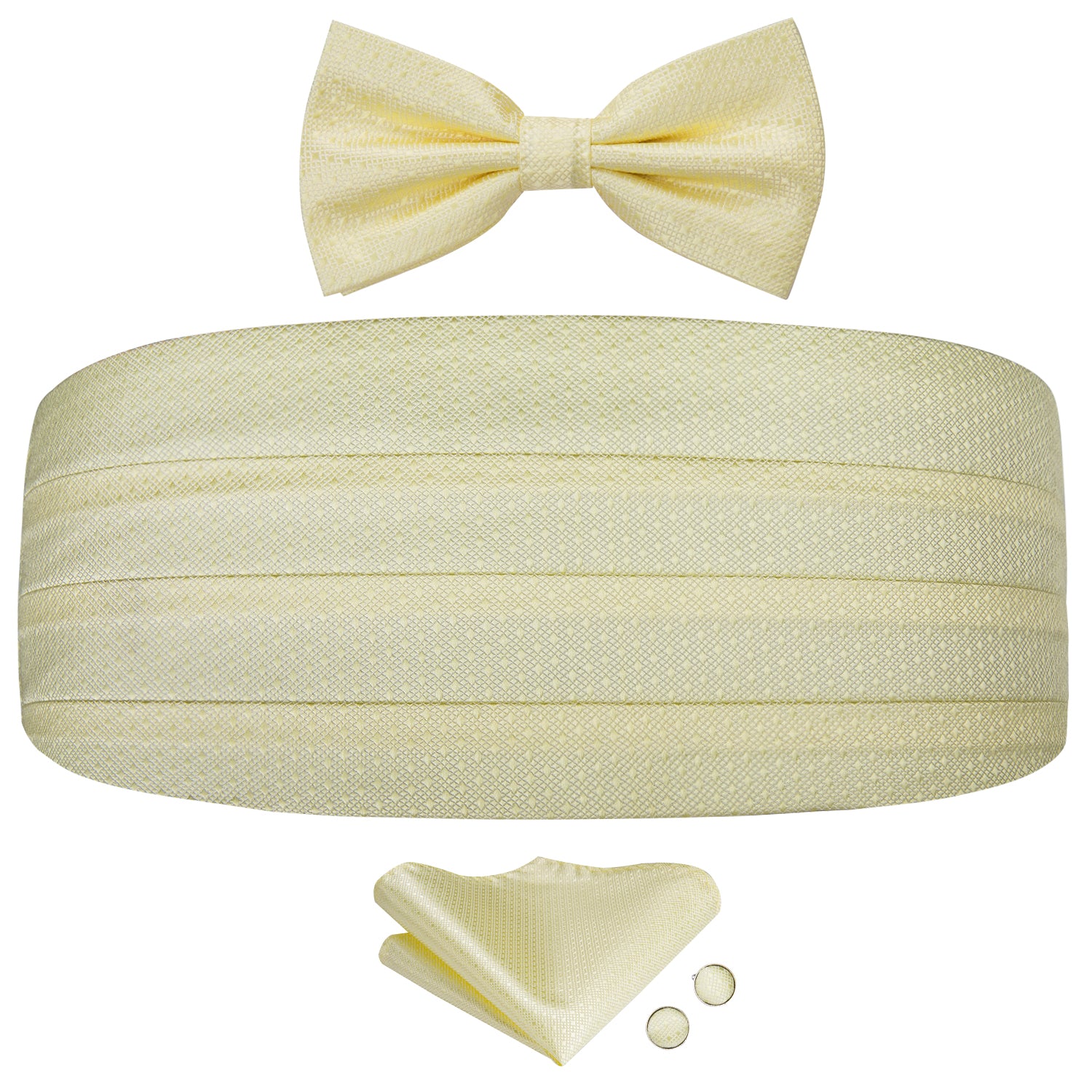 Clearance Sale Cream-Coloured Plaid Cummerbund Bow Tie Hanky Cufflinks Set