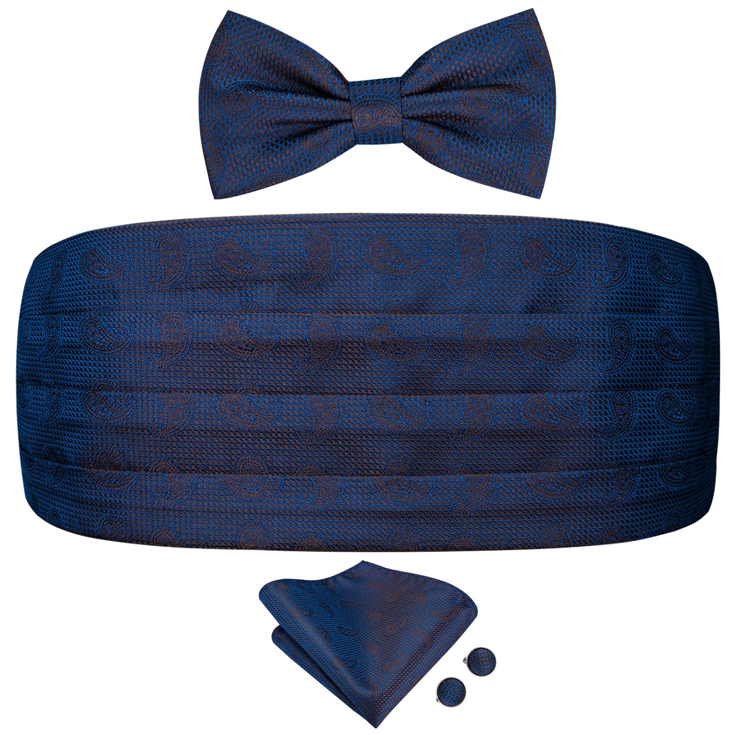 Clearance Sale Paisley Deep Blue Cummerbund Bow Tie Hanky Cufflinks Set