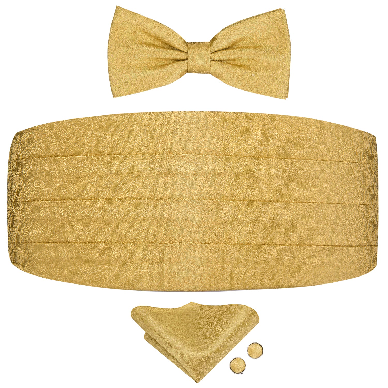 Gold Floral Cummerbund Bow Tie Hanky Cufflinks Set