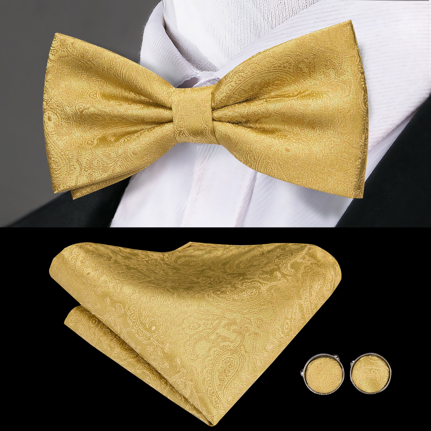 Gold Floral Cummerbund Bow Tie Hanky Cufflinks Set