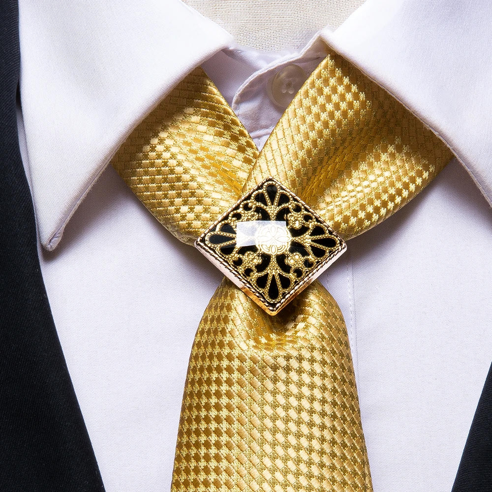 Gold Solid Poirot Tie Ring Pocket Square Cufflinks Set
